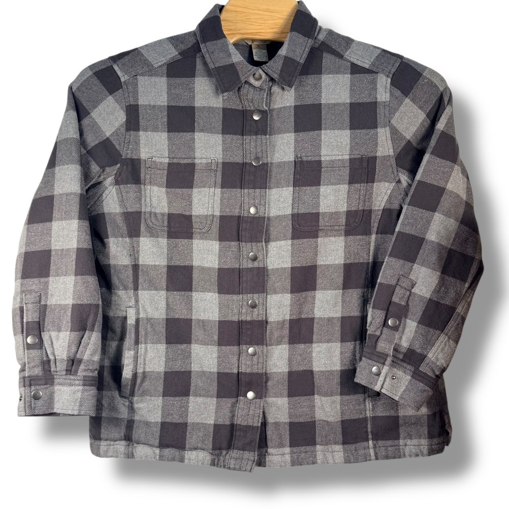 Duluth Trading Co Shirt Jacket Men XL Gray Black Plaid Quilted Insulated Gorpcor